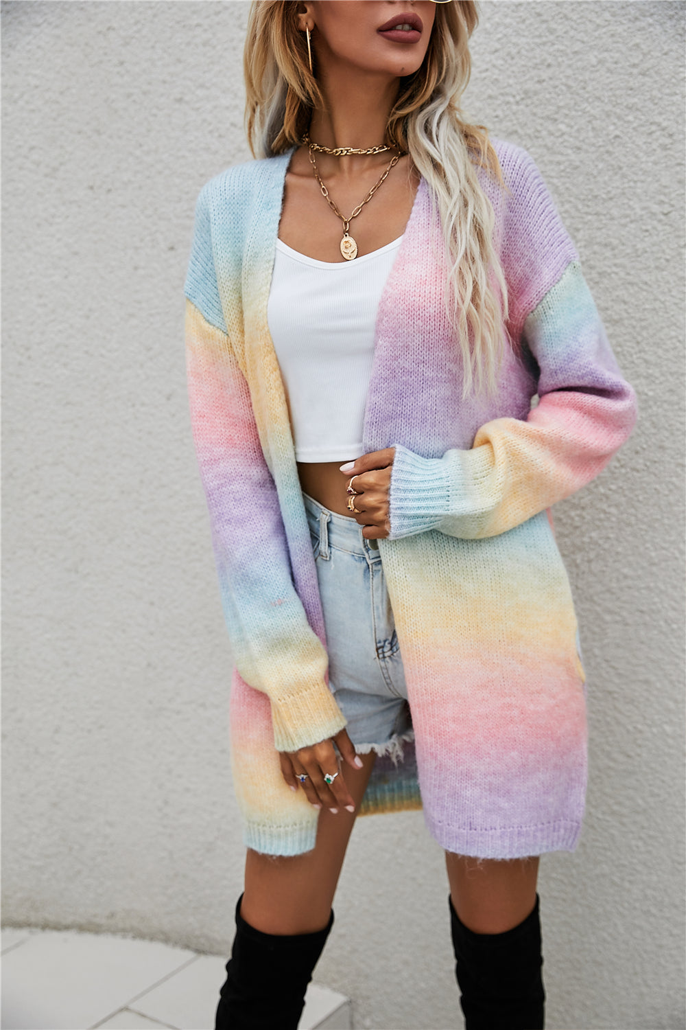 Rainbow Pocket Knitted Tie-Dyed Mid-Length Cardigan