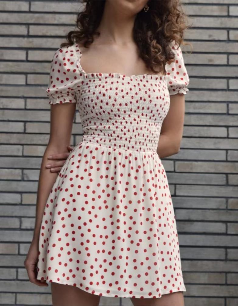 Retro Square Collar Red Polka-Dot Cinched A-Line Swing Dress