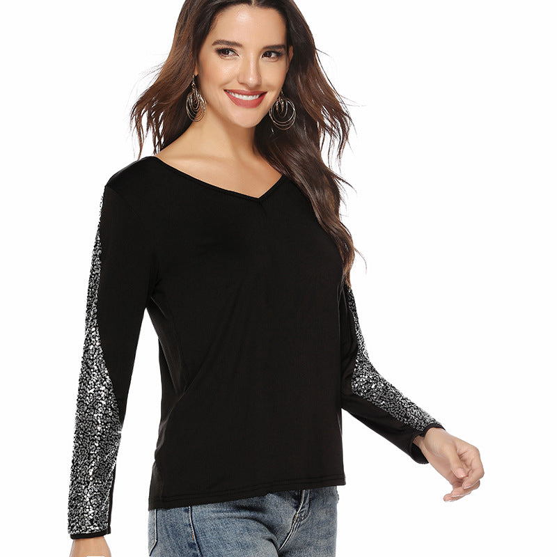 Popular Sequin Stitching Long-Sleeve V-Neck Top