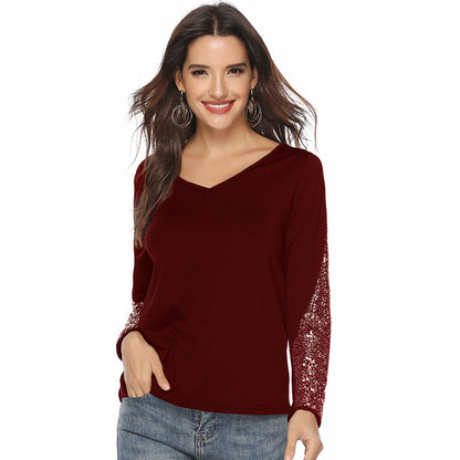 Popular Sequin Stitching Long-Sleeve V-Neck Top