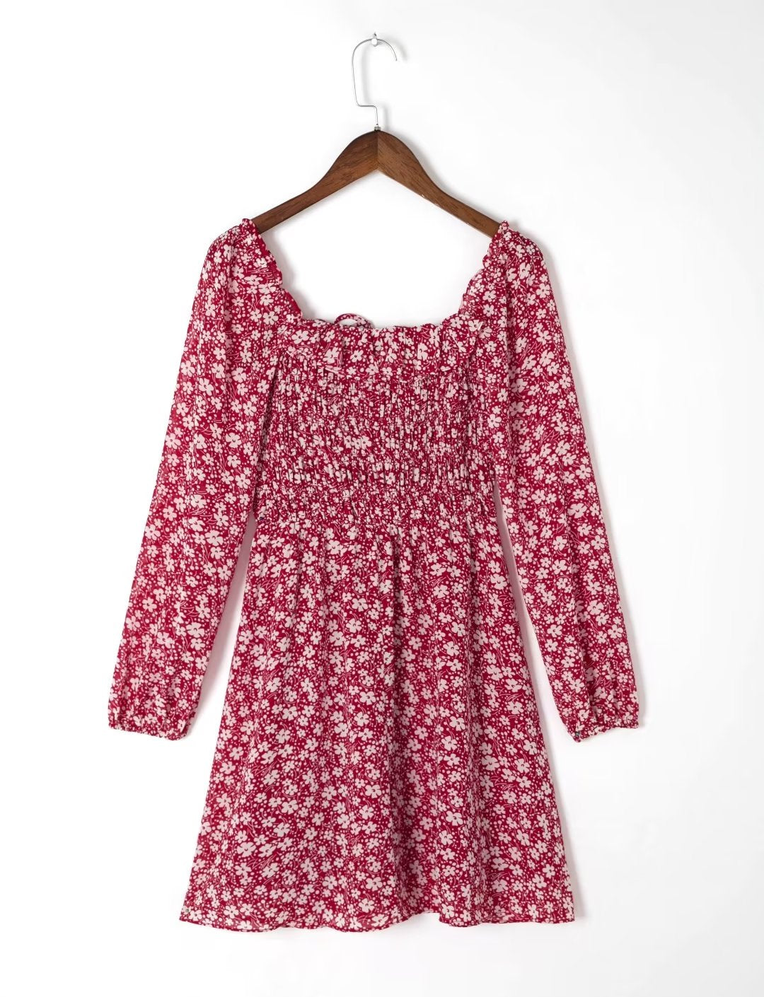 French Retro Chiffon Square Collar Ruffled Floral Print Long Sleeve Dress