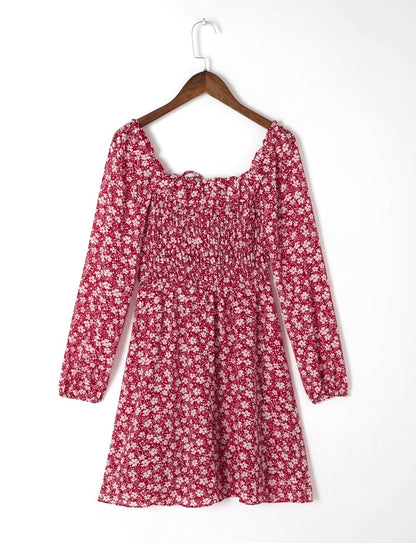 French Retro Chiffon Square Collar Ruffled Floral Print Long Sleeve Dress