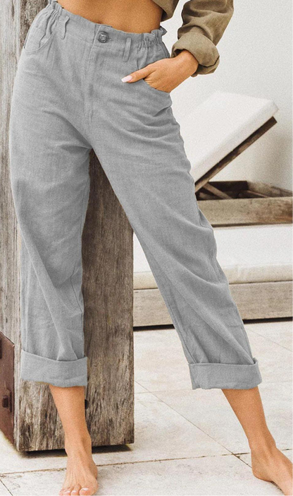 Solid Color Cotton Linen High Waist Trousers