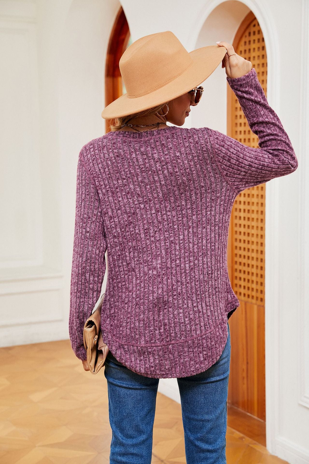 Solid Color Round Neck Loose Long Sleeve Pullover Top