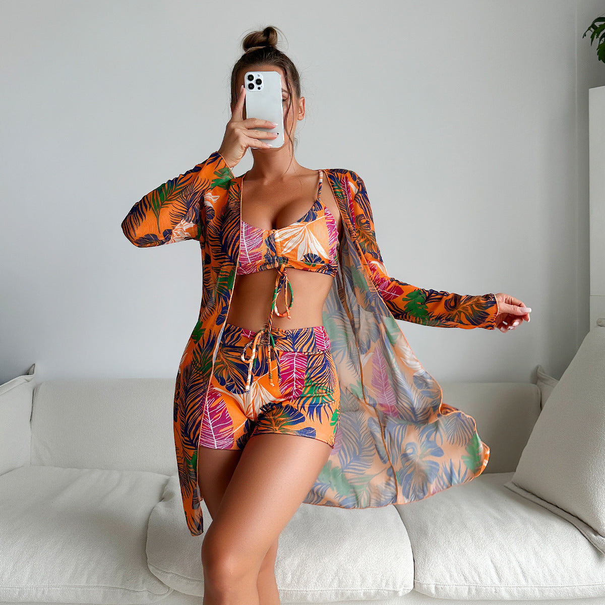 Split Three Piece Shorts Bikini Printed Coverup