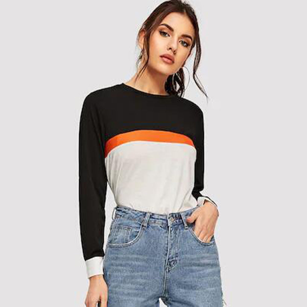 Pullover Solid Color Stitching Long Sleeve Top