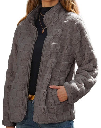 Autumn Winter Long Sleeve Zipper Plaid Plush Coat