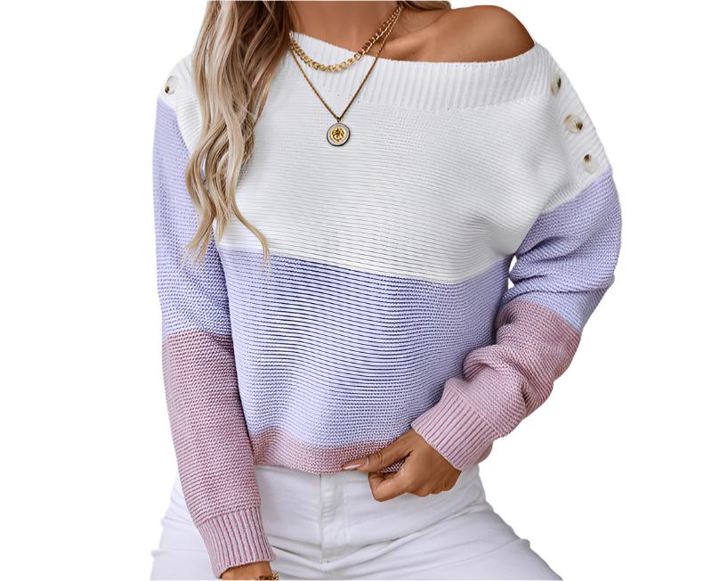 Contrast Color off Neck Button Pullover Sweater