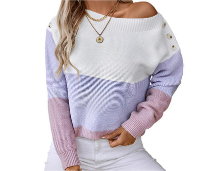 Contrast Color off Neck Button Pullover Sweater