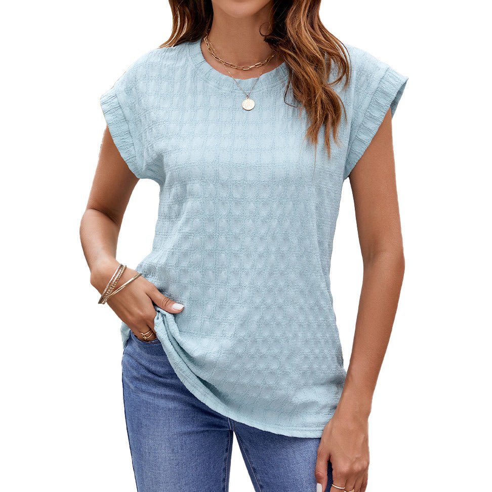 Solid Color Jacquard Loose Fitting Round Neck Short Sleeve Top