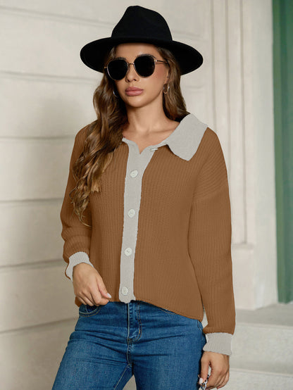 Polo Collar Long Sleeved Knitted Cardigan