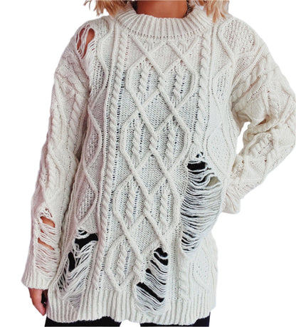 Hollow Cutout Ripped Design Cable Loose Sweater