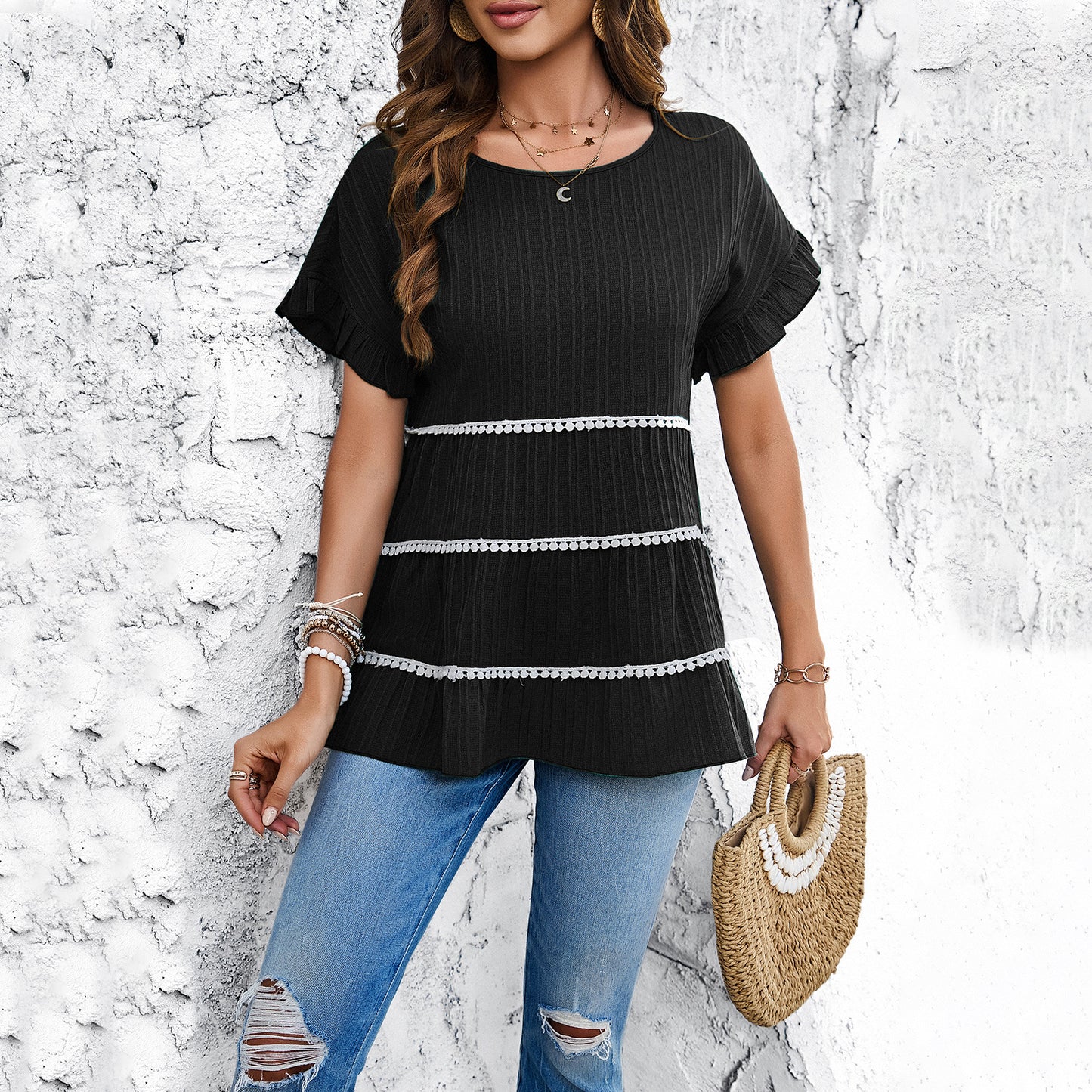 Casual Loose Ruffled Lace Short Sleeve Top