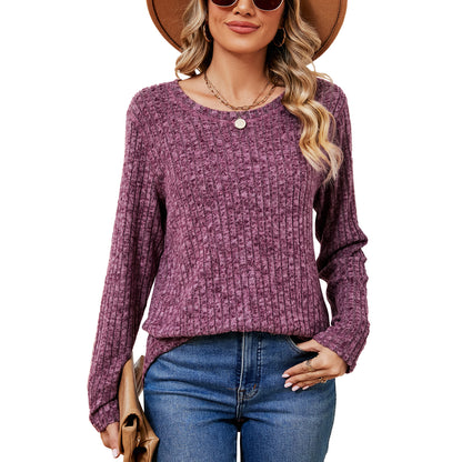 Solid Color Round Neck Loose Long Sleeve Pullover Top