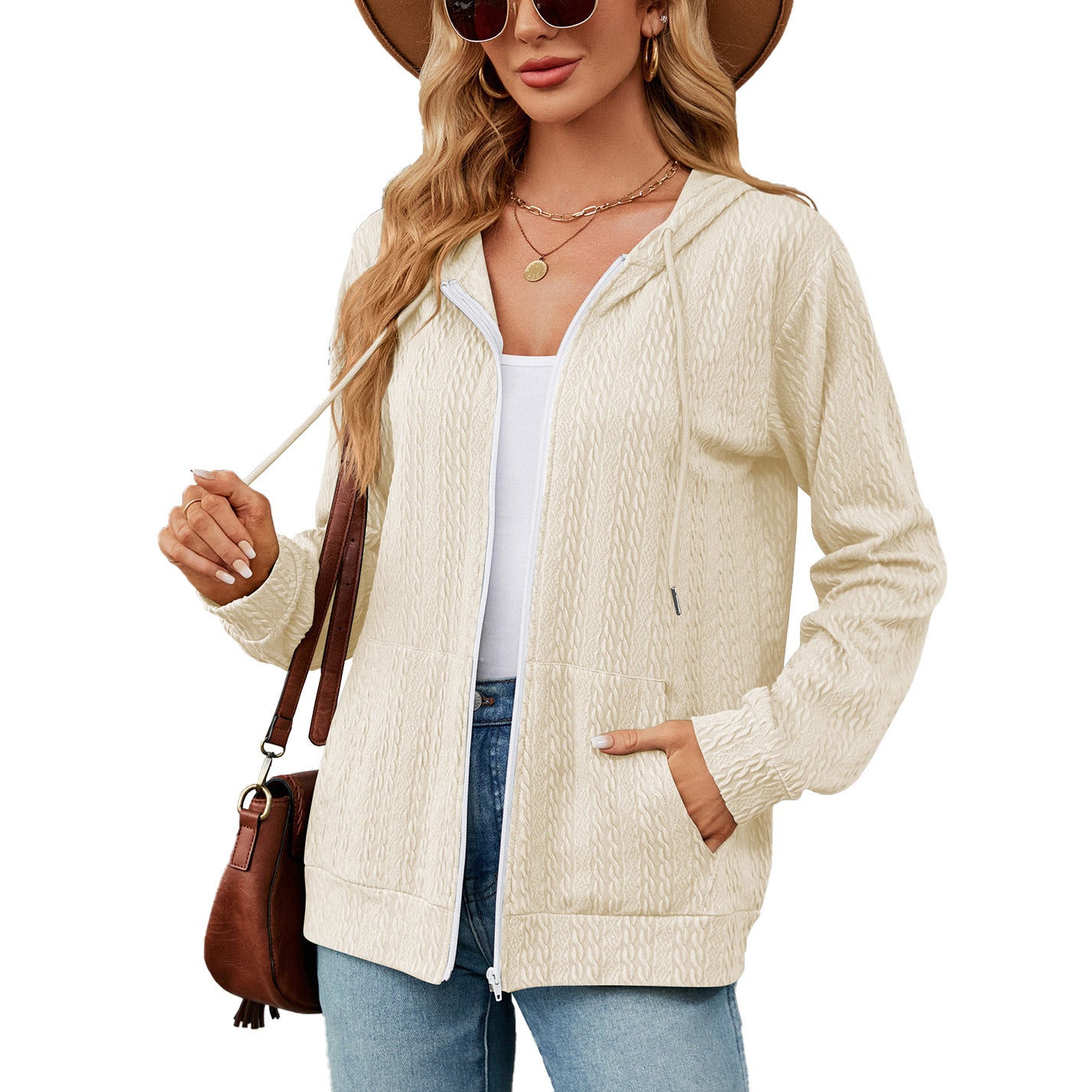 Loose Long-Sleeve Hooded Zip Jacket