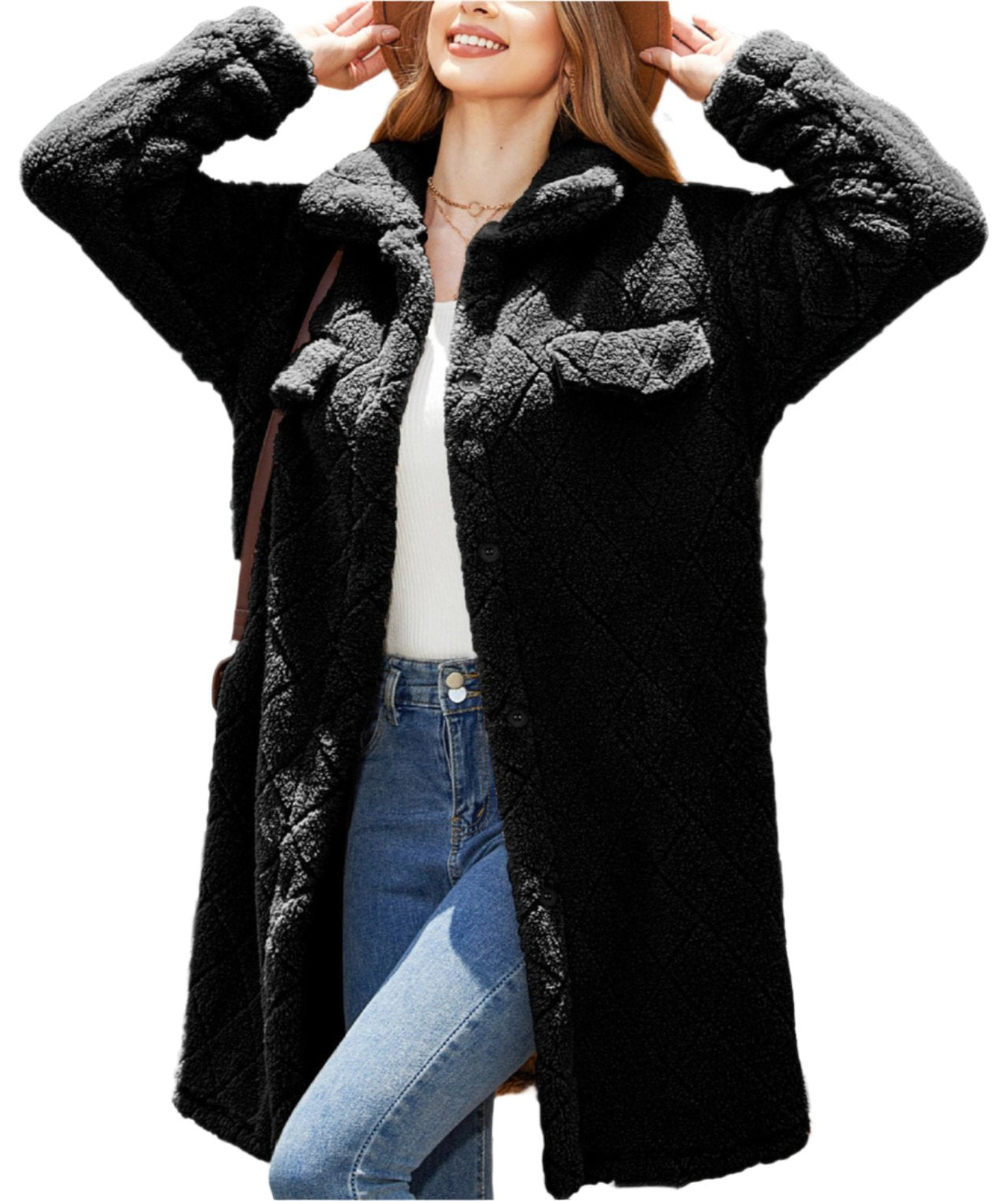 Autumn Winter Plush Loose Single Breasted Diamond Coat