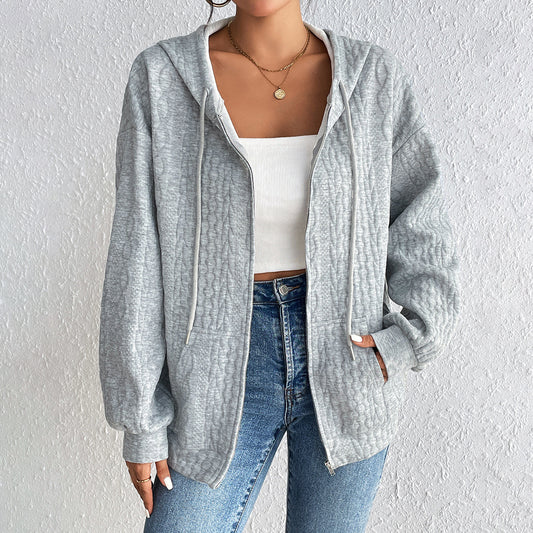 Solid Color Hooded Loose Zip Long-Sleeve Knitted Jacket