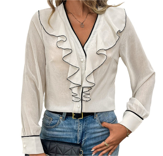 Elegant Semi Transparent Lotus Leaf Collar Long Sleeve Shirt