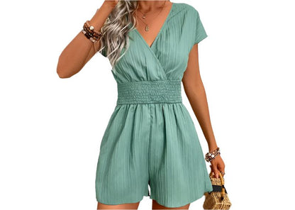 Jacquard Striped Smocking Cross Collar Bandage Bow Romper