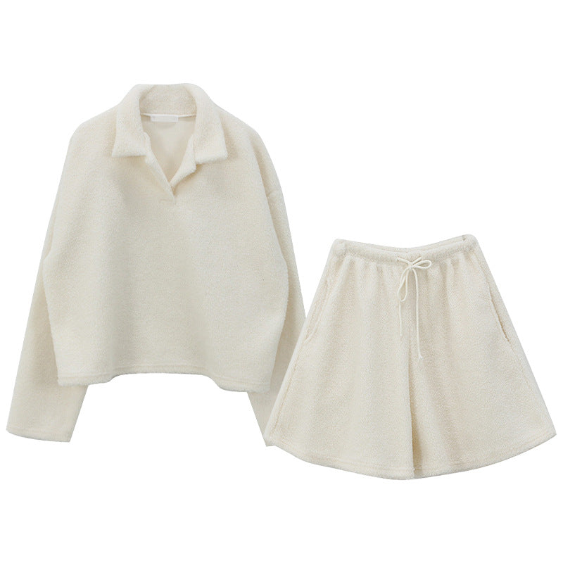 Fleece Long Sleeve Shorts Loungewear Set