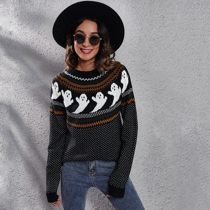 Ghost Skull Jacquard Retro Dots Long-Sleeved Knitted Sweater