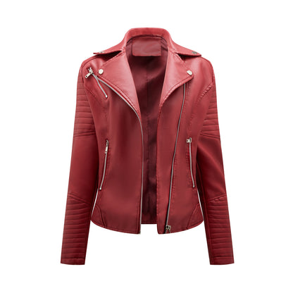 European Leather Collared Motorcycle Oblique Zipper Jacket