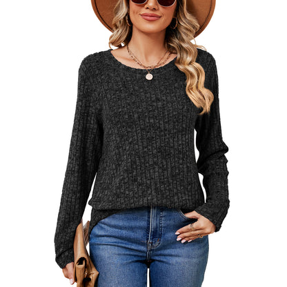 Solid Color Round Neck Loose Long Sleeve Pullover Top