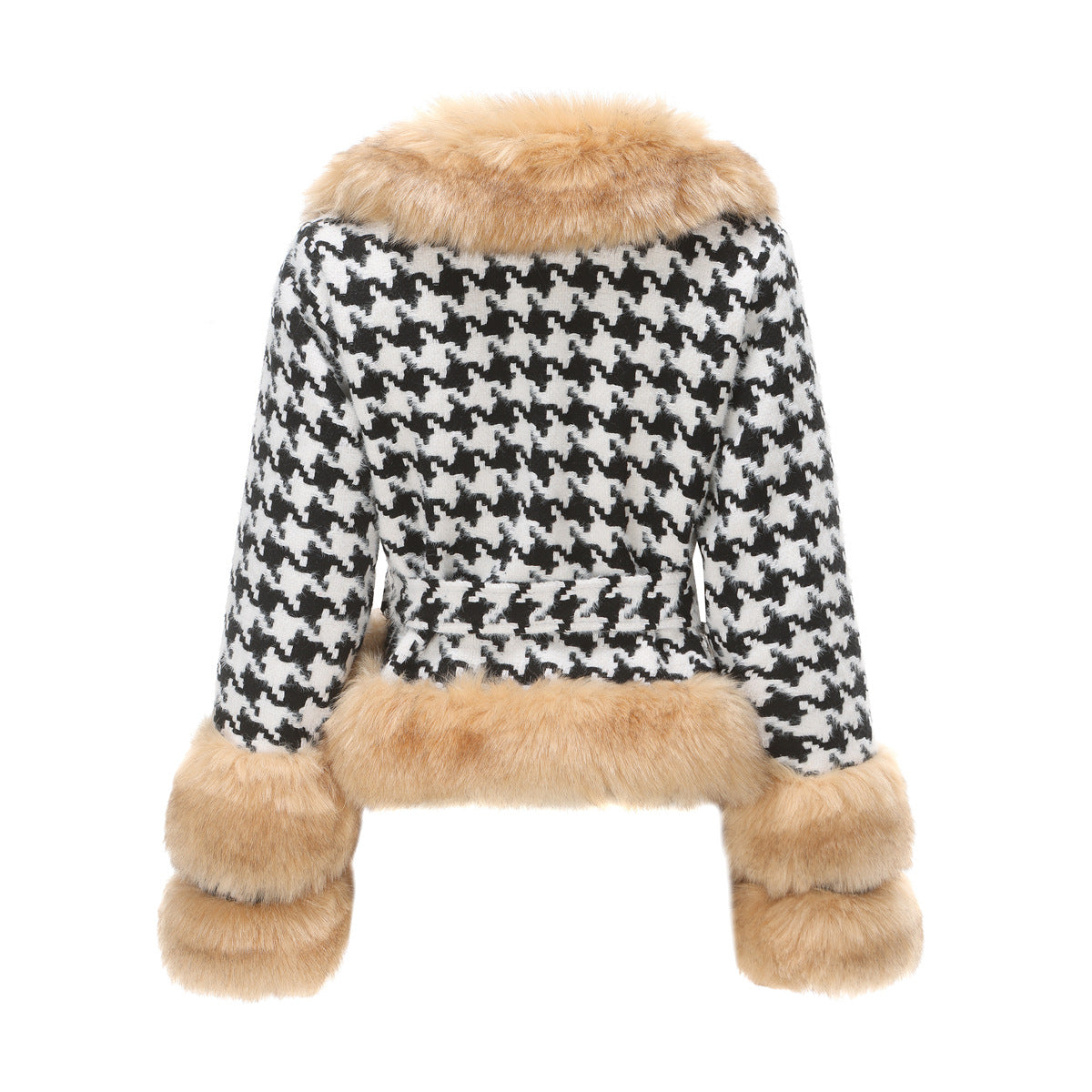 Plaid Detachable Short Fur Collar Houndstooth Coat