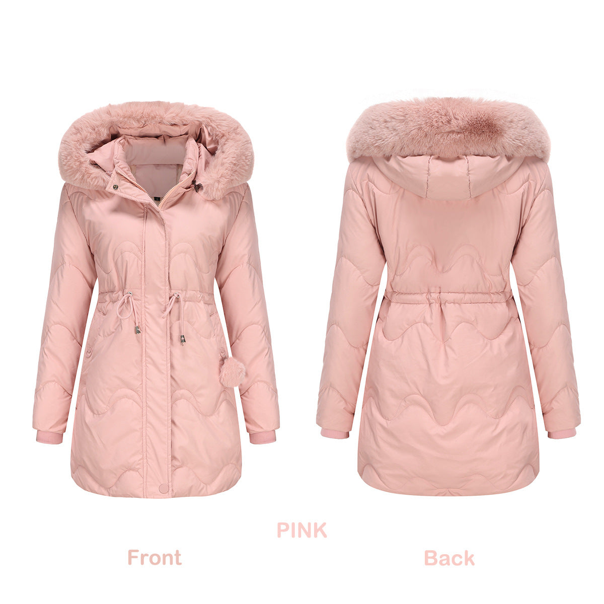 Cotton Detachable Wool Hooded Mid Length Parka Coat