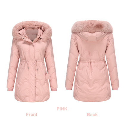 Cotton Detachable Wool Hooded Mid Length Parka Coat