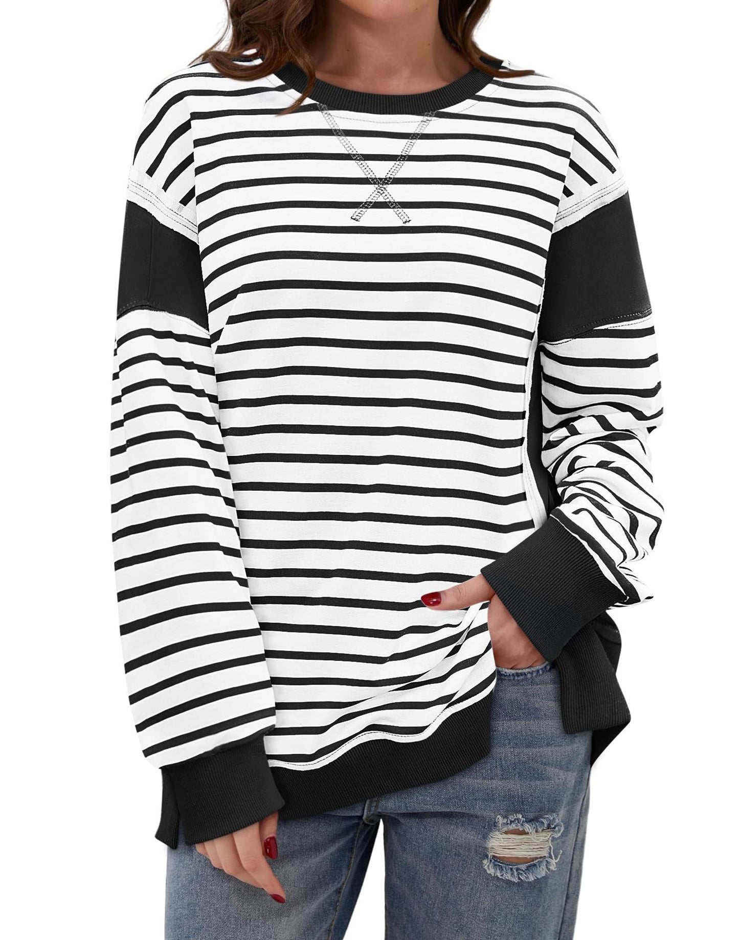 Multicolor Hoodie Striped Color Contrast Long Sleeve Pullover Sweater