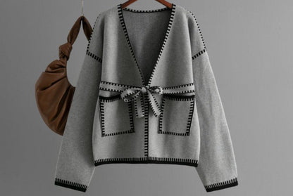 Knitted Lace-up Waist Pocket Cardigan