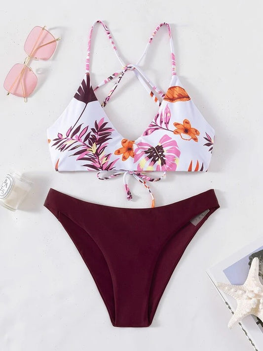 Floral Swimsuit Criss Cross Split Bikini