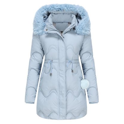 Cotton Detachable Wool Hooded Mid Length Parka Coat