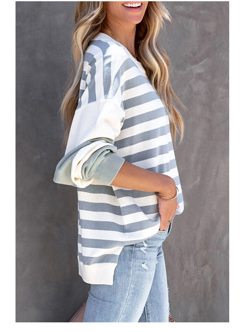 Striped Puff Long Sleeve Pulllover Sweater