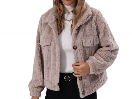 Collared Long Sleeve Striped Plush Coat