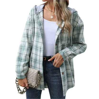 Plaid Contrast Color Hooded Woolen Coat