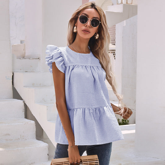 Ruffle Sleeve Pleated Stripe Top