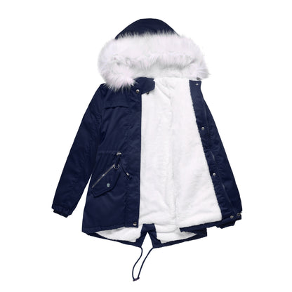 Cotton Padded White Fur Collar Parka Mid Length Hooded Coat