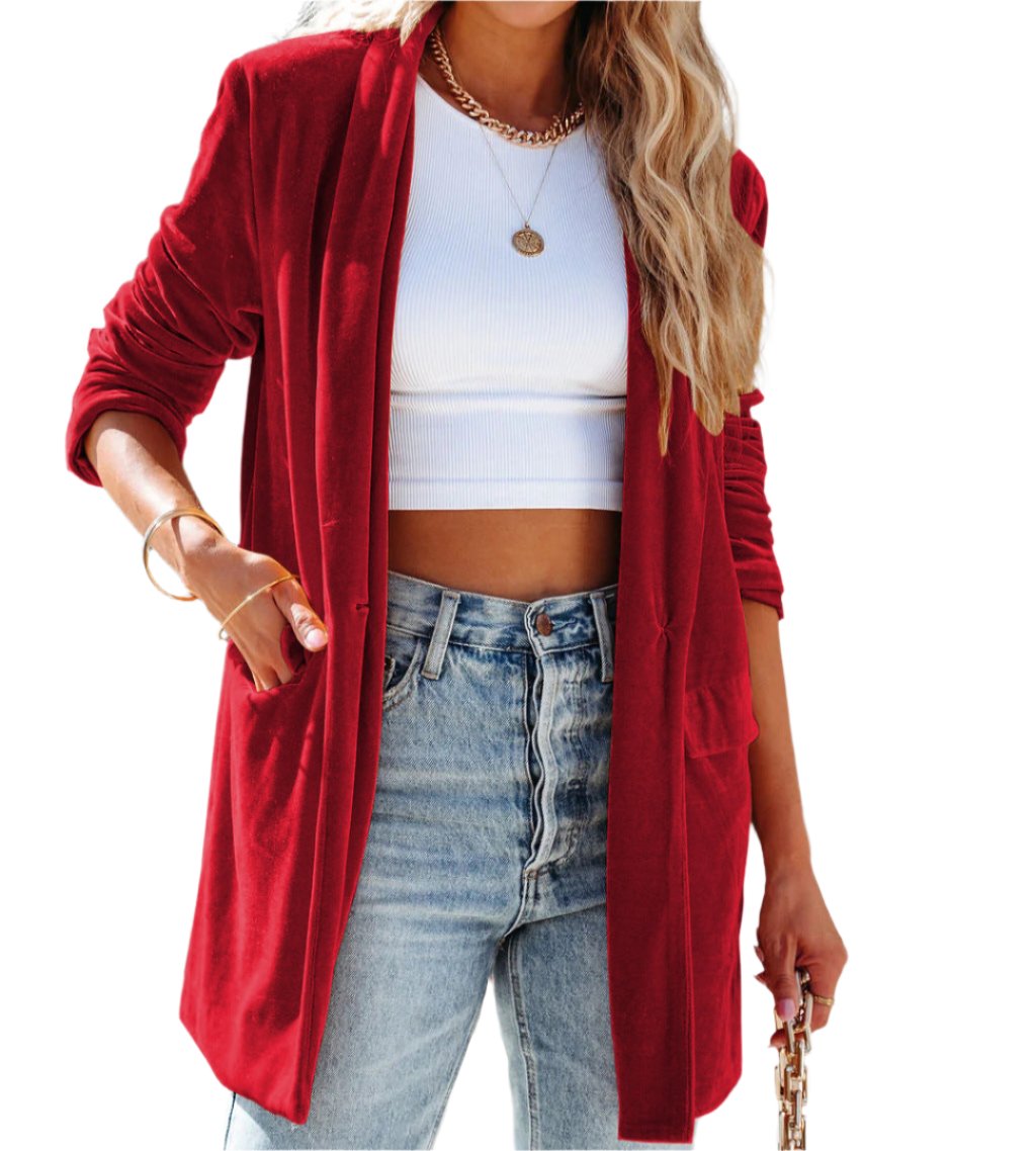 Velvet Stretch Pocket Long Sleeve Cardigan