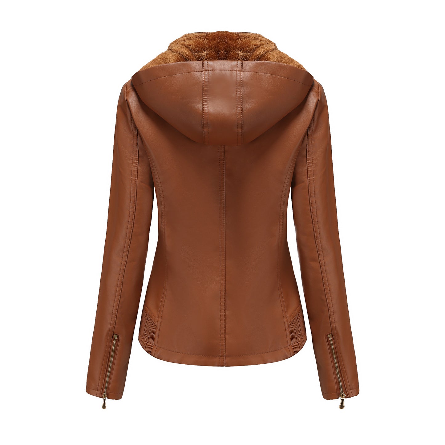 Hooded Leather Detachable Hat Long Sleeve Zipper Fleece-Lined Leather Jacket