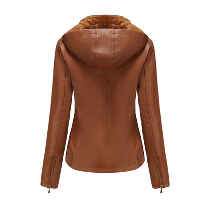 Hooded Leather Detachable Hat Long Sleeve Zipper Fleece-Lined Leather Jacket