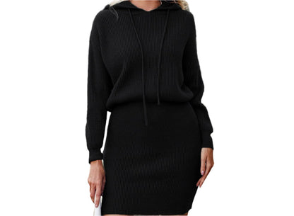 Casual Hooded Cinched Waist Pullover Knitted Dress