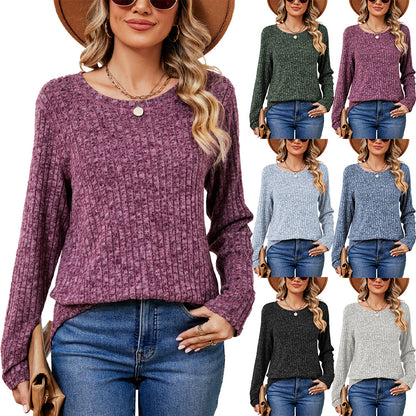 Solid Color Round Neck Loose Long Sleeve Pullover Top