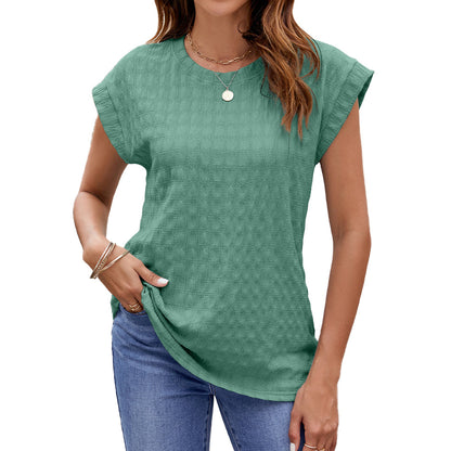 Solid Color Jacquard Loose Fitting Round Neck Short Sleeve Top
