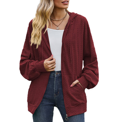 Solid Color Pocket Long-Sleeve Loose Hooded Sweatshirt