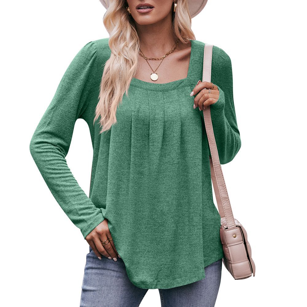 Casual Square Collar Pleated Long Sleeve Top