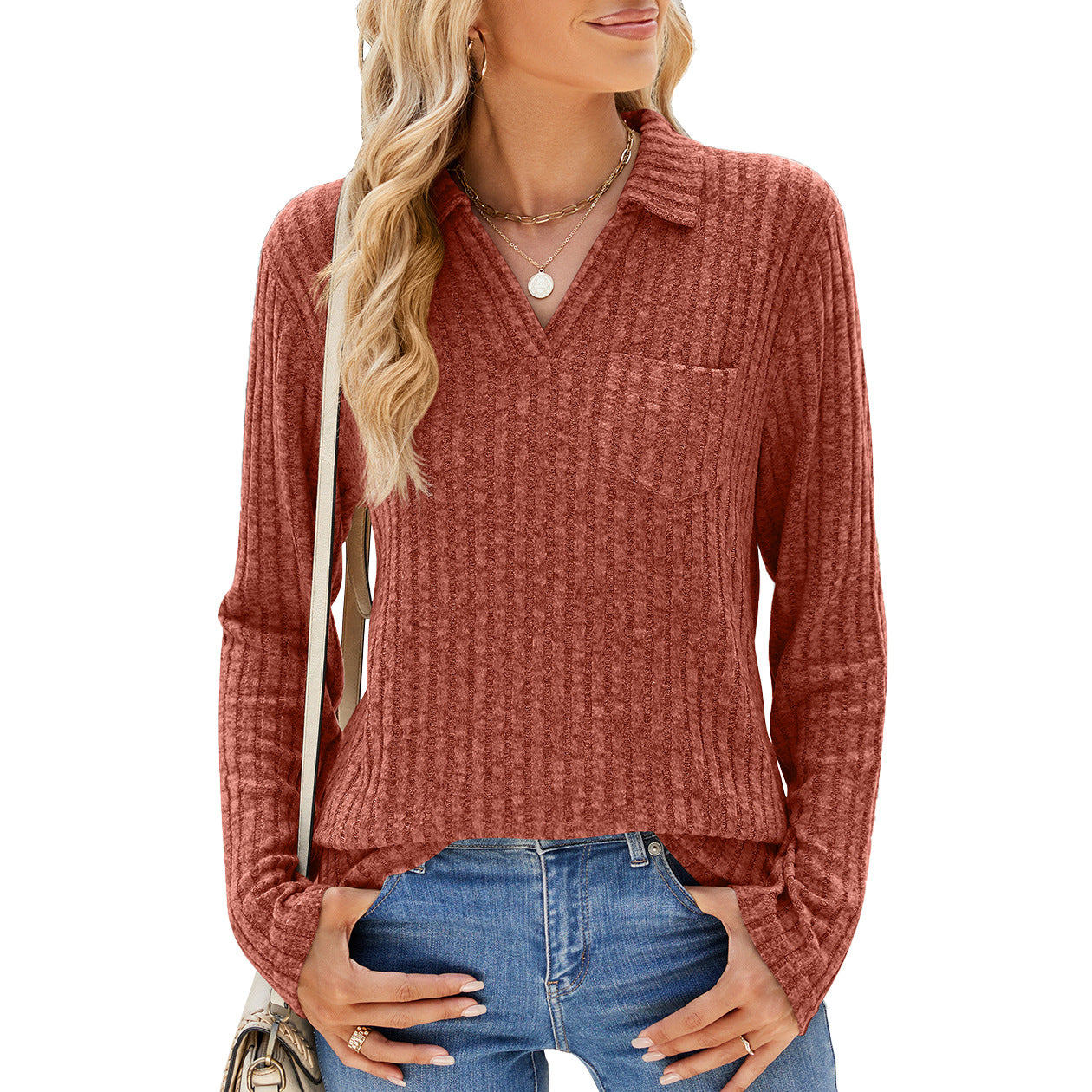 Polo Collar Pocket Long Sleeve Loose Fitting Shirt