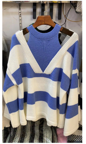 Chic Retro Halter Off Shoulder Striped Long Sleeve Knitted Sweater