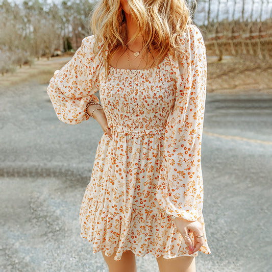 Sweet Puff Sleeve Floral Long Sleeve Dress